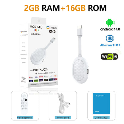 Mortal Android 14.0 Smart TV Stick Q2S Allwinner H313 Wifi6 BT5.X Voice Remote 4K HDR10 2G16G Netflix Decoding Android Mini Box