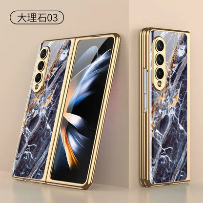Luxury Plating Frame Case For Samsung Galaxy Z Fold 4 5G Painted Pattern Tempered Glass Hard Cover For Galaxy Z Fold5 4 3 Case
