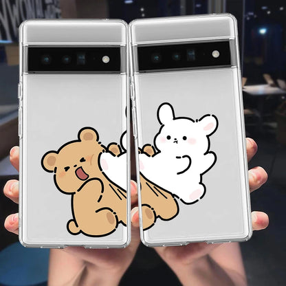 Cartoon Animal Bear Rabbit Couple Phone Case for Google Pixel 8Pro 8A 8 9 Pro XL 6A 7A 6 7 Pro 5G Cute Lover Clear Cover Fundas