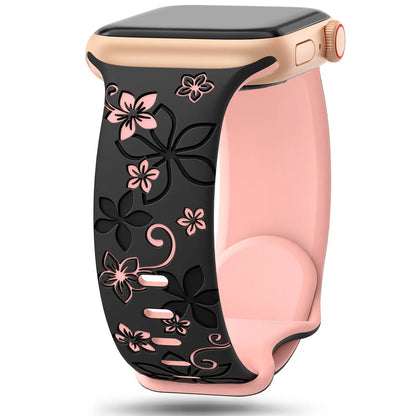 Floral Engraved Strap For Apple Watch Band 46mm 41mm 40mm 44mm 45mm 42mm 49mm Silicone Sport iWatch Series 11 10 SE 9 8 Ultra 2