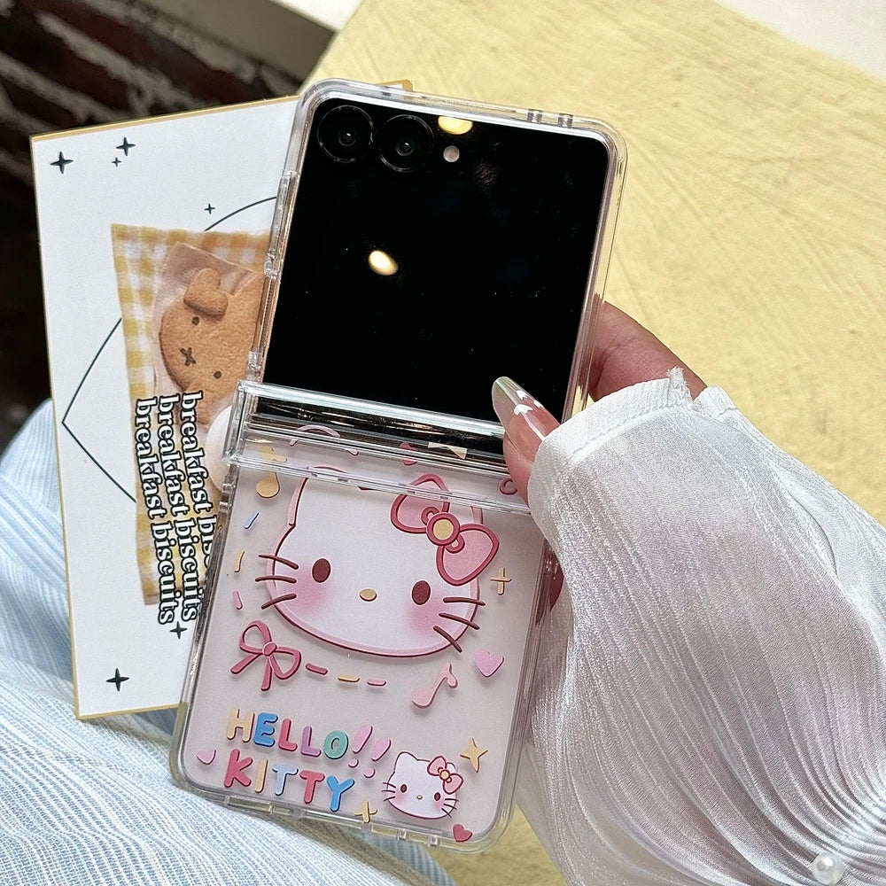 Cute Cartoon Sanrio Hello Kitty Stand Holder Phone Case For Samsung Galaxy Z Flip 7 6 5 4 3 Case Soft TPU Cover With Lanyard
