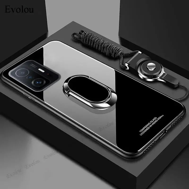 For iphone 17 Air 17 Pro Max Cases Magnet Ring Stand Phone Case For iphone 16E 15Plus 14Pro Max Mirror Tempered Glass Back Cover
