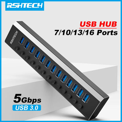 7/10/13/16 Ports Powered USB Hub Aluminum USB 3.0 Data Hub Expander with Individual On/Off Switches for Laptop MacBook Splitter