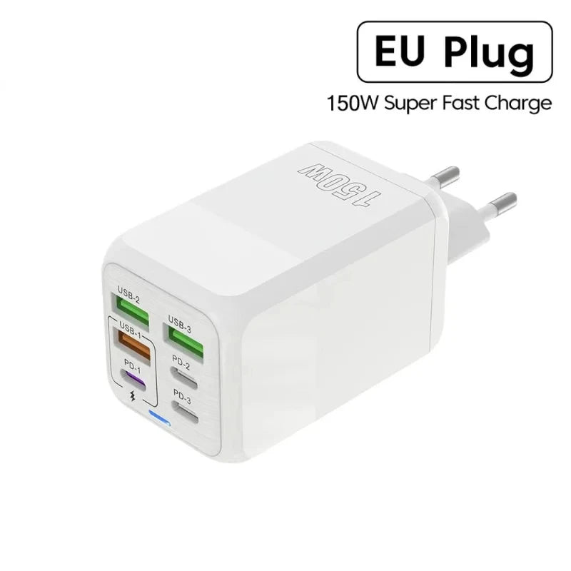 New 150W Fast Charger Mobile Phone Wall Adapter 3Type-C+3USB Multi Port Adapter Super Fast Charging for iPhone Samsung Huawei