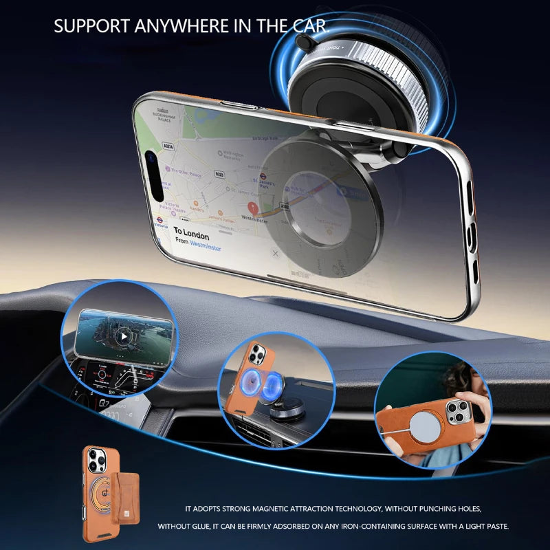 For Magsafe Magnetic 360°Rotating Car Bracket Ring Leather Phone Case For iPhone 16 Pro Max 14 11 12 13 15 Pro Max Bumper Cover