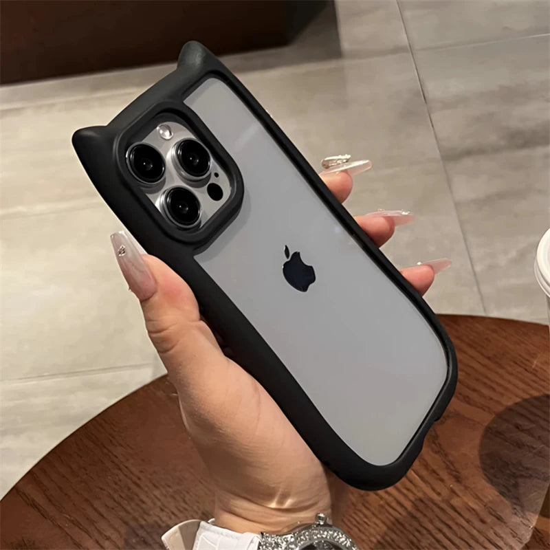 Cute 3D Cat Ear Kawaii Transparent Case For iPhone 16 15 14 13 12 Pro 11 Max Candy Color Shockproof Acrylic Clear Hard Cover
