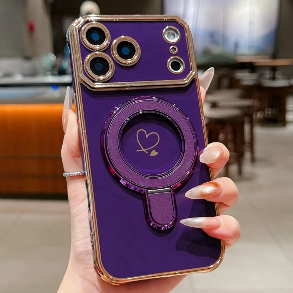 Luxury Plating Love Heart Airbag Bracket Phone Case For iPhone 17 16 15 14 13 Pro Max Plus Air Stand Holder Protection New Cover