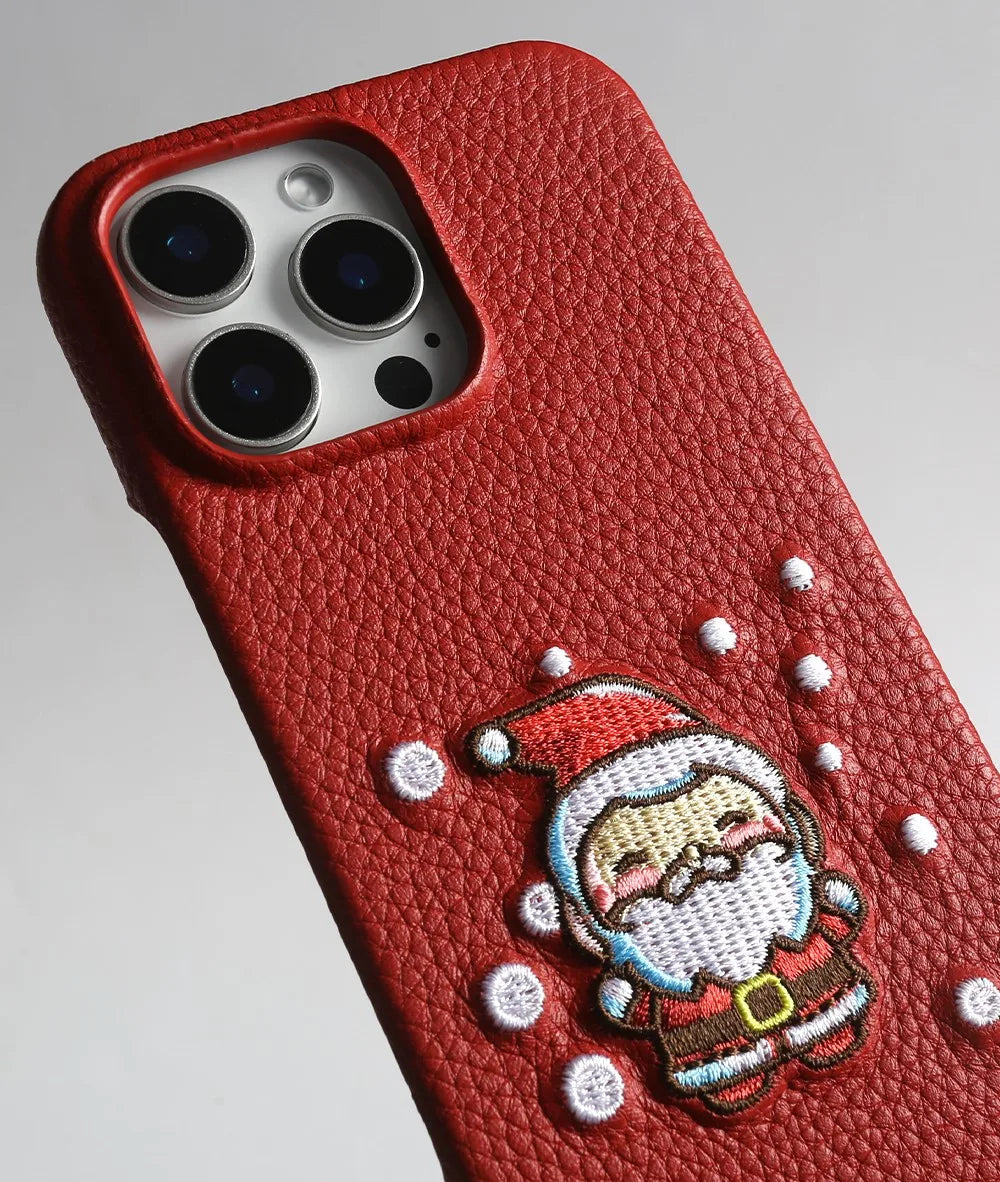 Christmas Santa Claus Embroidered Genuine Leather Phone Case For iphone 16 Pro Max 15 14 13 12 11 Coque Shockproof Funda Carcasa