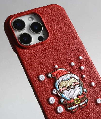 Christmas Santa Claus Embroidered Genuine Leather Phone Case For iphone 16 Pro Max 15 14 13 12 11 Coque Shockproof Funda Carcasa