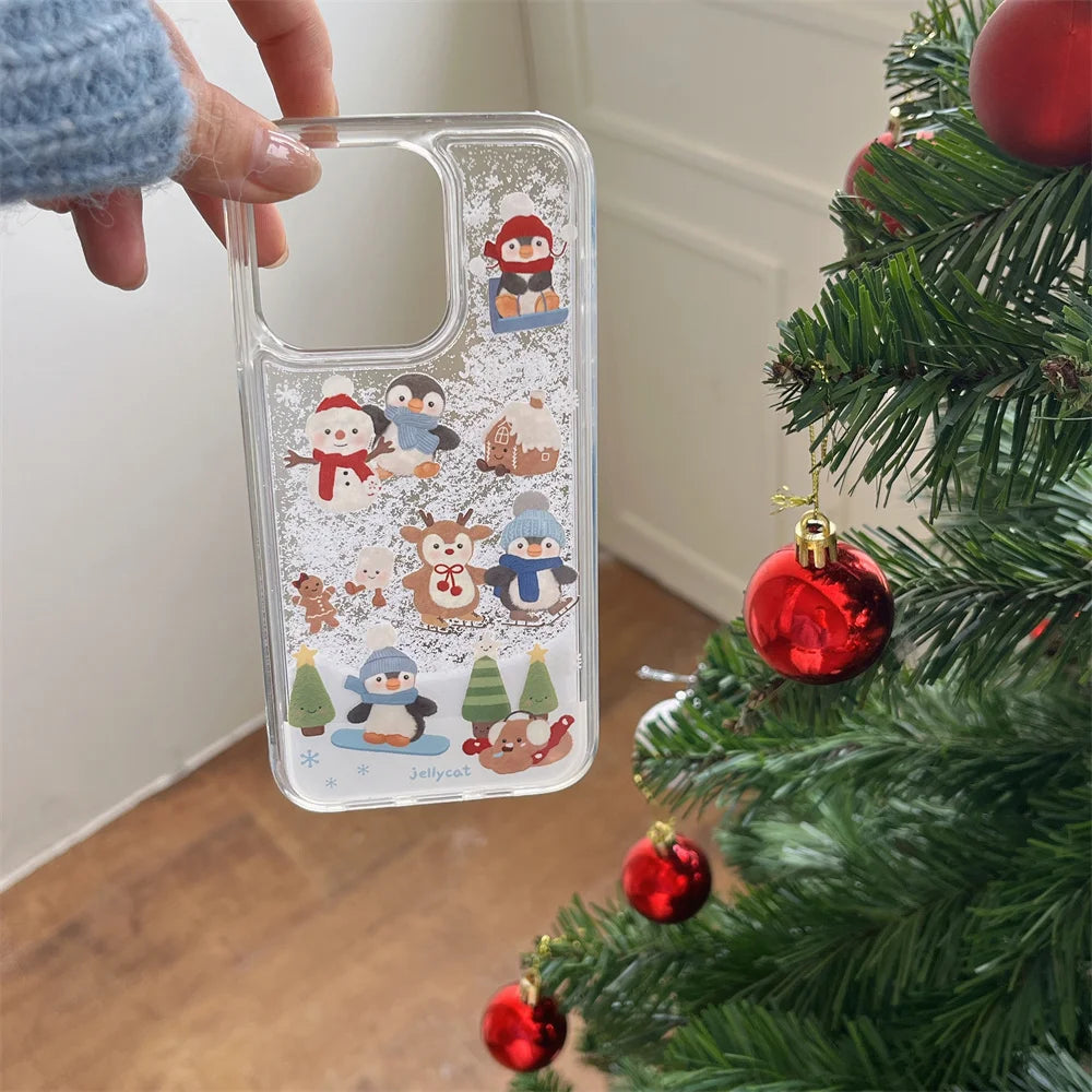 Cute Cartoon Santa Claus Snowman Shake Quicksand 3D Bling Glitter Phone Cover For iPhone 16 14 13 15Pro Max Christmas Case