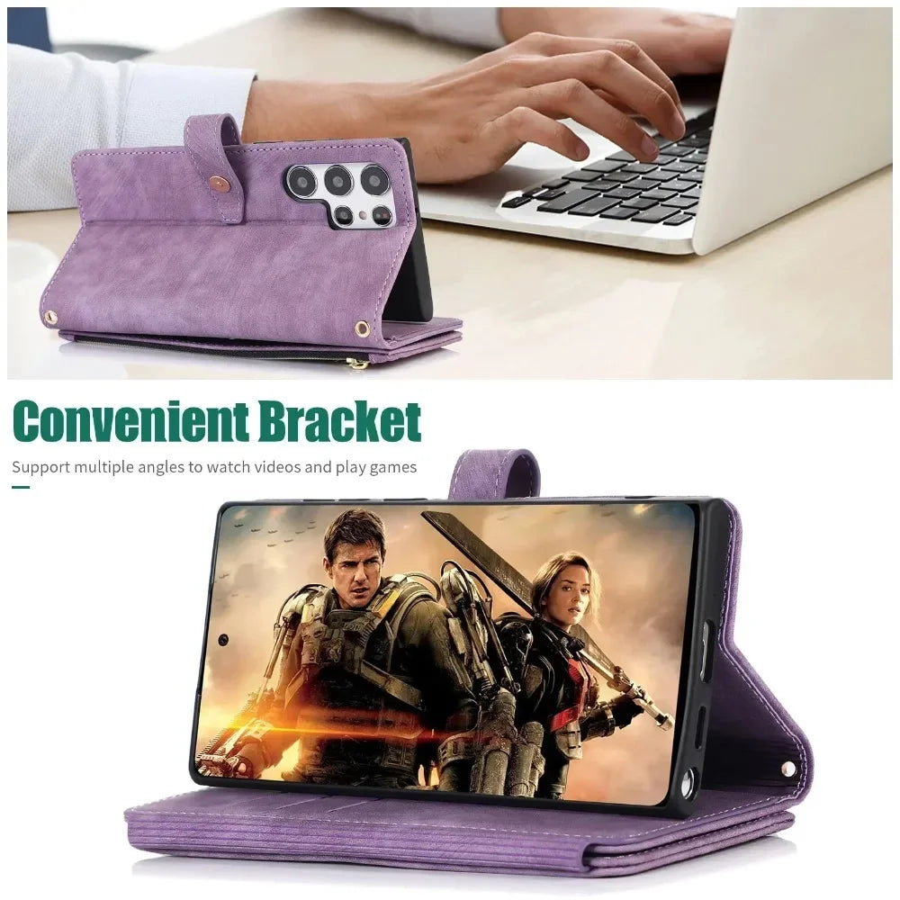 Phone Case for Samsung Galaxy S23 S24 FE S25 Ultra Edge S22 Plus A16 A06 A26 A36 A56 A15 A35 A55 Cover Zipper Wallet Crossbody