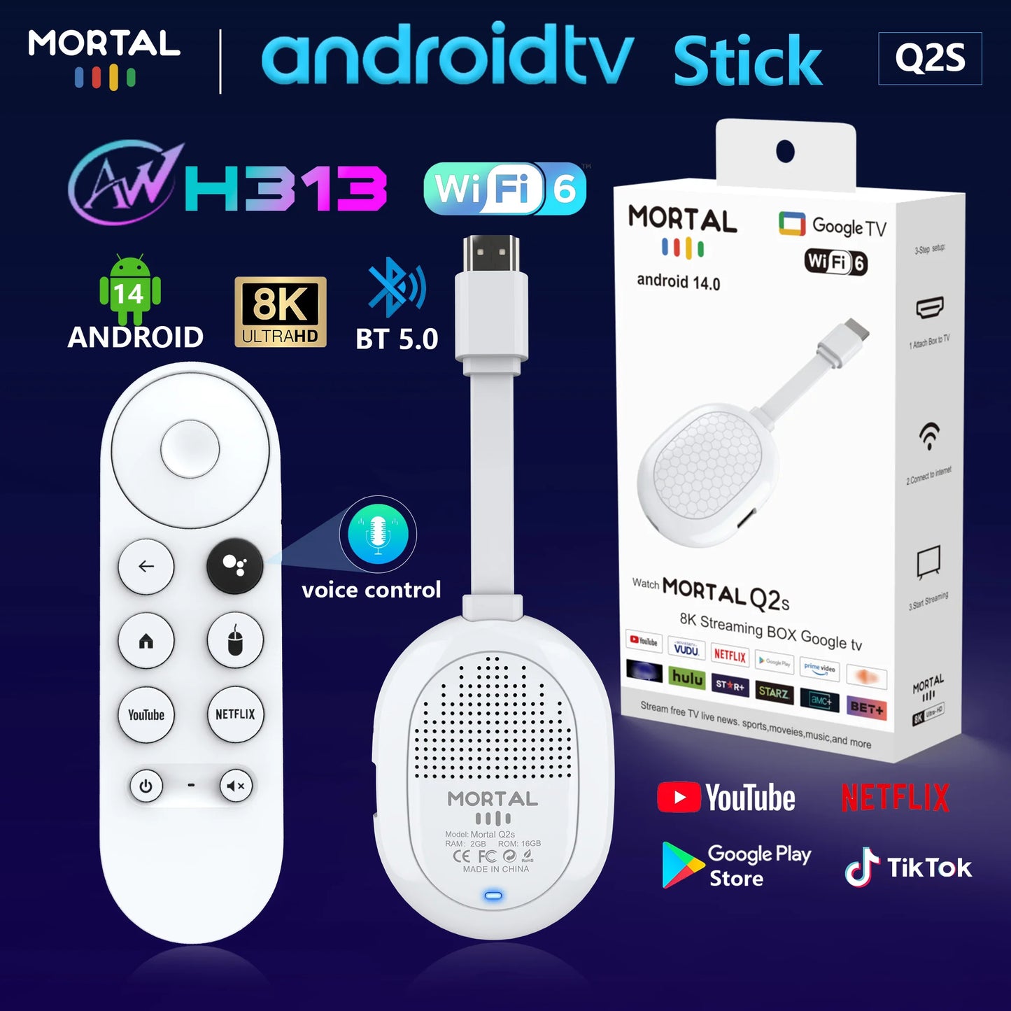 Factory directly Android 14 Allwinner H313 TV stick Mortal Q2S Dongle  Support Youtube google Wifi6 BT5.0 8K Voice Remote TV BOX