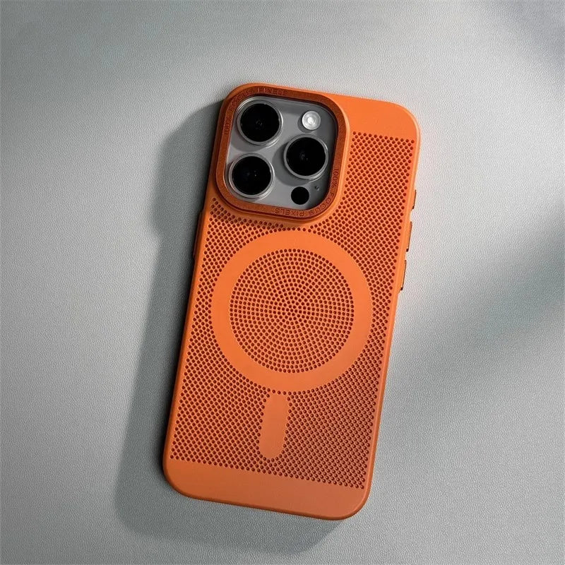 Honeycomb Grid Hole MagSafe Case for iPhone 16 15 Pro Max 14 Alloy Lens Summer Heat Dissipation Magnetic Back Cover PC Shell