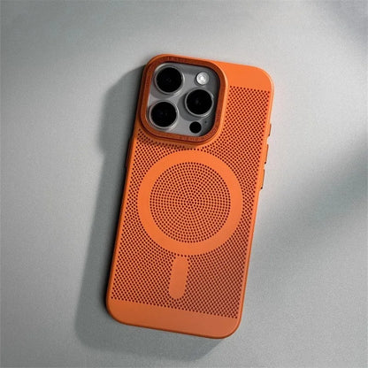 Honeycomb Grid Hole MagSafe Case for iPhone 16 15 Pro Max 14 Alloy Lens Summer Heat Dissipation Magnetic Back Cover PC Shell