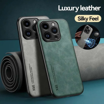 Luxury Leather Case For iPhone 16 16e 15 14 13 12 11 Pro Max Plus 12 13 Mini X XS SE 8 7 Cover With Metal Plate Support Car Hold