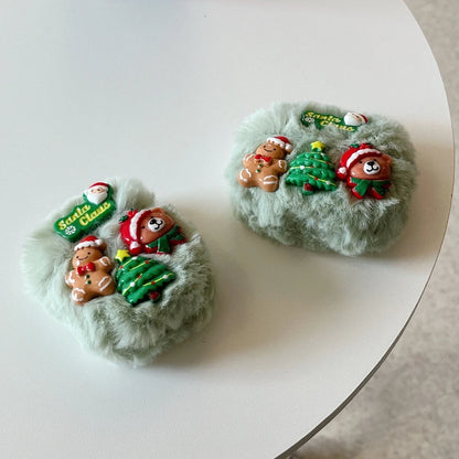 Cute 3D Xmas Cartoon Plush Earphone Case for AirPods 4 3 Pro 2 1, Merry Christmas Tree Pendant Bear Santa Claus Protective Cover