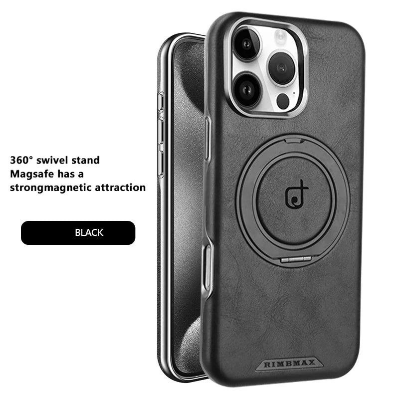 For Magsafe Magnetic 360°Rotating Car Bracket Ring Leather Phone Case For iPhone 16 Pro Max 14 11 12 13 15 Pro Max Bumper Cover