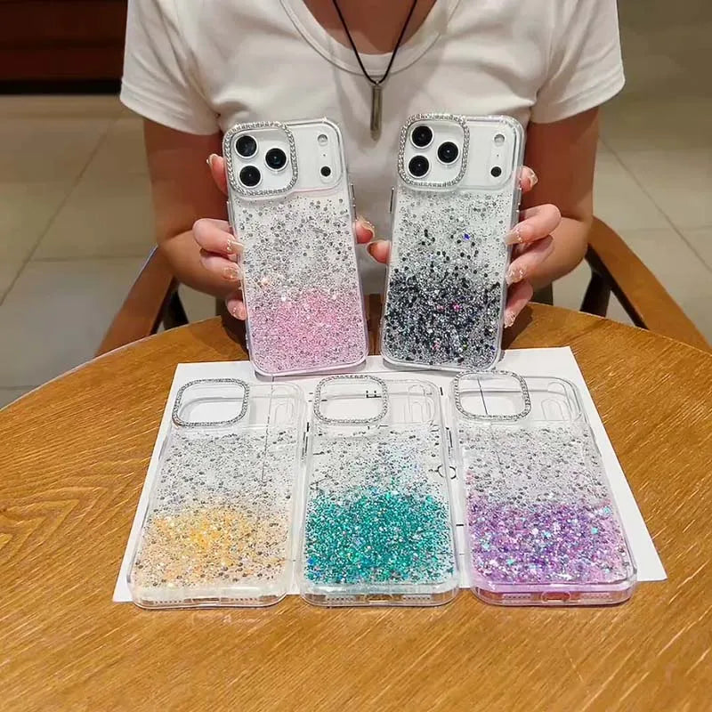 Fashion INS Uniqe Shiny Sequins Glitter Diamond Lens Frame Case For IPhone 17 Pro Max Air 16 Plus 15 14 13 Shockproof Back Cover