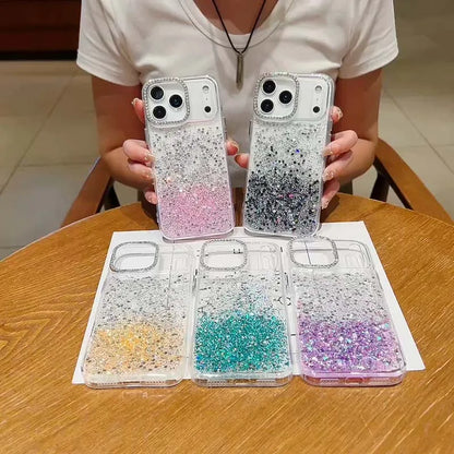 Fashion INS Uniqe Shiny Sequins Glitter Diamond Lens Frame Case For IPhone 17 Pro Max Air 16 Plus 15 14 13 Shockproof Back Cover