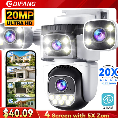 10K 20MP Four Screen Outdoor WiFi Cam PTZ 5X Zoom Night Vision Four Lens 10K Wireless CCTV Surveillance Cam Security Protection
