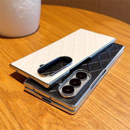 Luxury Lattice Leather Plating Phone Case For Samsung Z Fold 7 6 5 4 3 2 5G Shockproof Bumper Protection Solid Color Back Cover