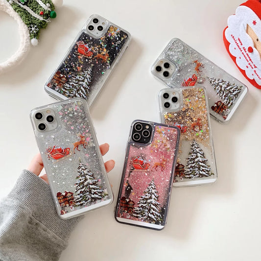 Christmas Liquid Dynamic Quicksand Glitter Phone Case For 16 Pro 15 Pro Max 3D Bling TPU Silicone Shockproof Cover
