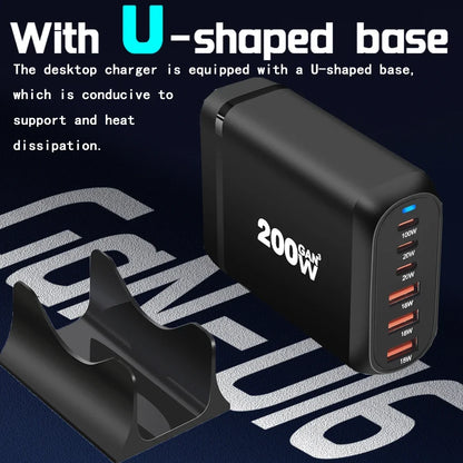200W GaN Charger USB C Charger Multi-Ports Charging Station For MacBook iPhone Samsung iPad Type C PD Charger Quick Charge 3.0