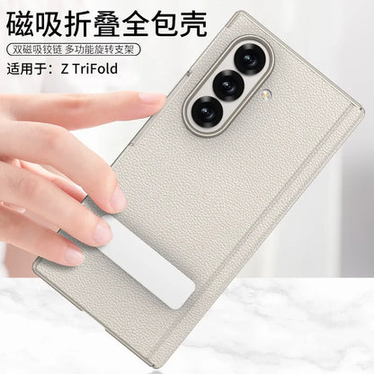For Samsung Z Tri-Fold Phone Case TRIFOLD Dual Hinge Magnetic + Rotating Stand Z TRI-FOLD Leather Full Coverage Protection Cover