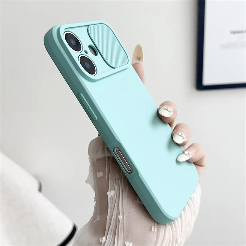 Slide Camera Lens Protection Soft Silicone Case For iPhone 16 15 14 Plus 13 12 11 Pro X XS XR Max 8 7 SE Shockproof Bumper Cover
