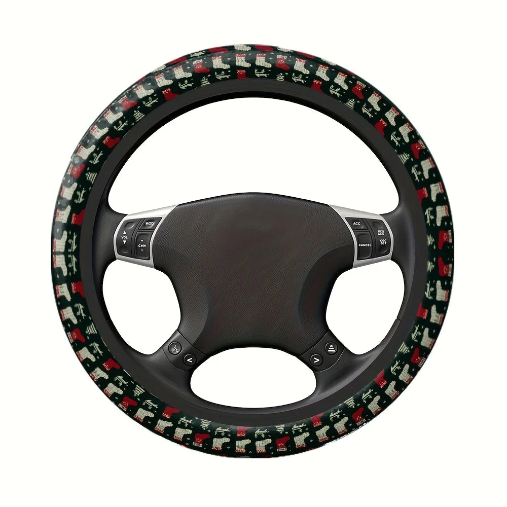 1pc Car Steering Wheel Cover with Red and White Christmas Stocking, White Reindeer and Snowflake Pattern Print One Size