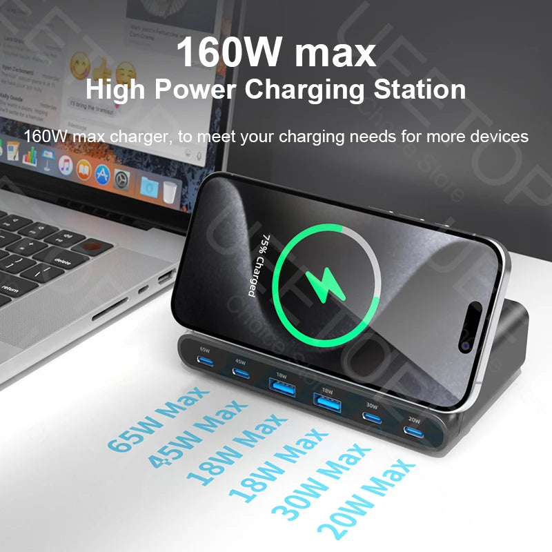 Ueetop 160W USB Charging Station Wireless Charging 65W PD PPS 45W GaN Charger Quick Charger For Laptop Tablet iPhone 15 Samsung