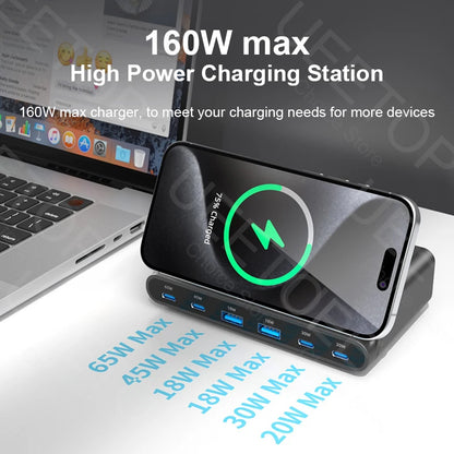 Ueetop 160W USB Charging Station Wireless Charging 65W PD PPS 45W GaN Charger Quick Charger For Laptop Tablet iPhone 15 Samsung