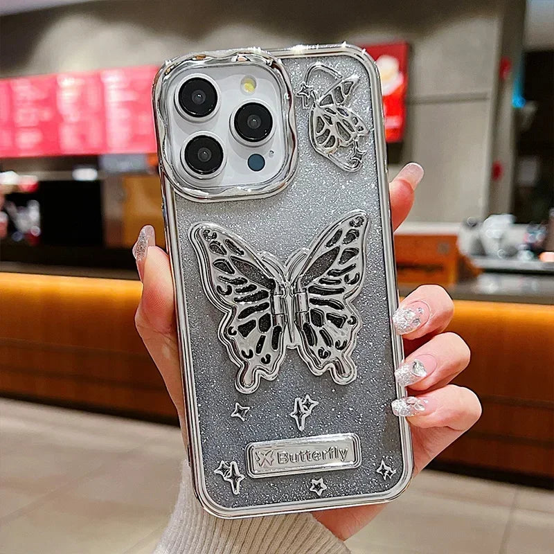 Butterfly Stand Plating Phone Cases For IPhone 16 15 Pro Max 14 13 12 11 Gradient Glitter Protect Shockproof Back Cover