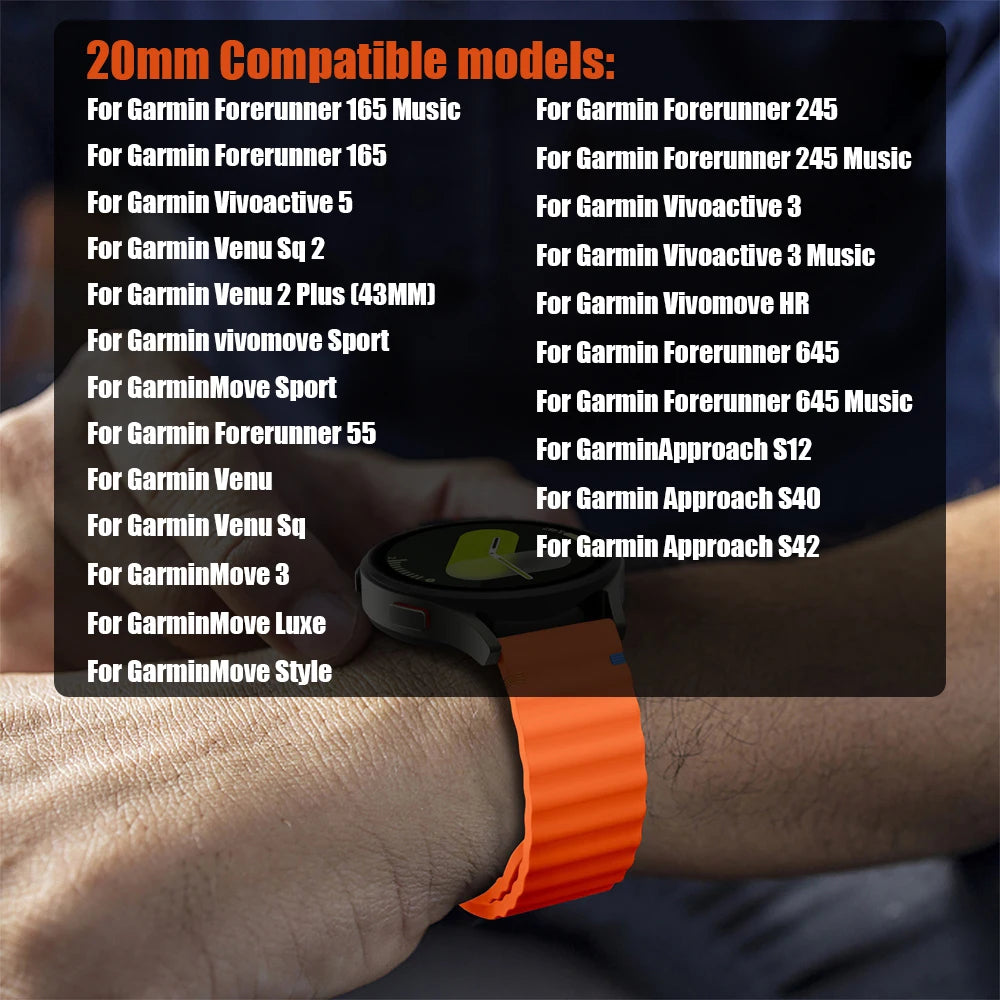 20mm Silicone Stitch Strap For Garmin Forerunner 165 Band for Vivoactive 5 3 Venu Sq 2 245 645 Approach S40 Bracelet Watchband