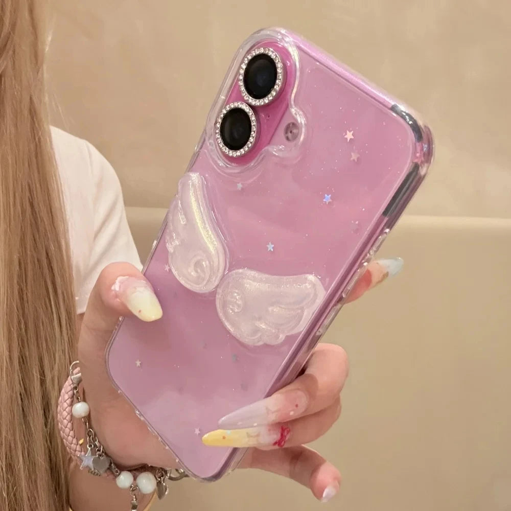 Korean INS Cute Glitter Shiny Angel Wings Phone Case For iPhone 16 15 13 12 11 Pro Max 14 Plus X XR XS Max Clear Cover Girl Gift