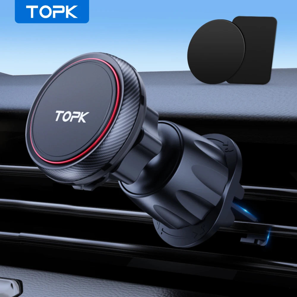 TOPK Magnetic Car Phone Mount - 6 N52 Strong Magnets Air Vent Holder,360°Rotation Universalfor iPhone17 & All Mobile Phones