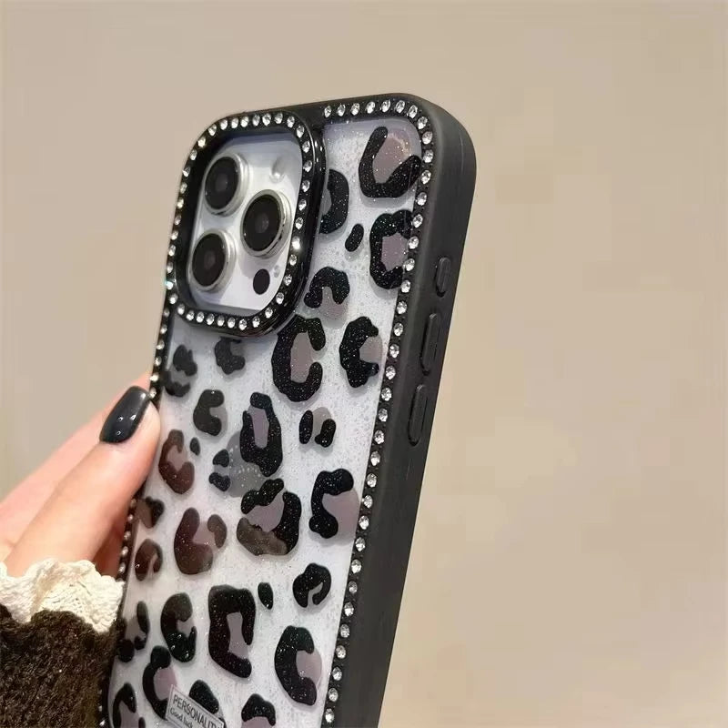 Pink Black Leopard Print Diamond Inlaid Frame Plain Case for iPhone 16 15 14 Plus 13 12 11 Pro Max Acrylic Silicone Hard Cover
