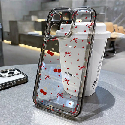 Cute Bow Cherry Phone Case For iPhone 16 Pro Case iPhone 13 11 15 12 14 Pro Max XR XS X 7 8 Plus SE 2020 Shockproof Clear Cover