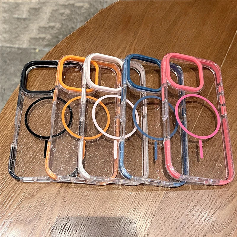Double Color Bling Glitter Magnetic Magsafe Case For iPhone 16 15 14 16Pro Max Wireless Charging Shockproof Bumper Back Cover