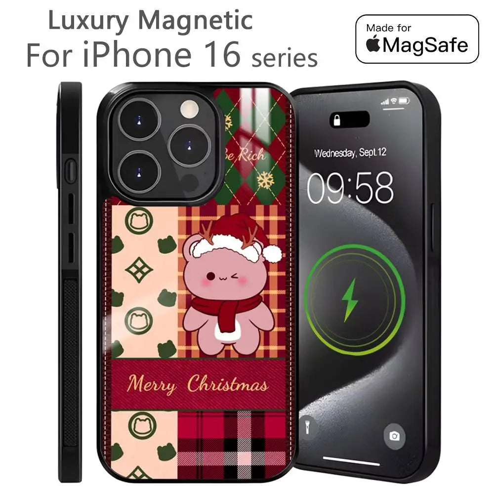 Merry Christmas New Year Phone Case MagSafe Magnetic for iPhone 16 15 14 13 12 11 Pro Plus Max Mini Wireless Charger Funda
