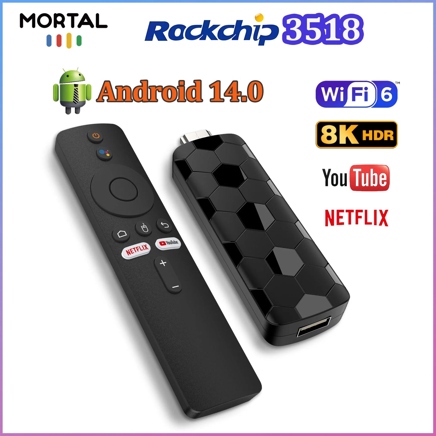 Global Android 14.0 RK3518 Best Selling TV stick Google Voice Remote Wifi 6 BT 5.0 Netflix BT5.0 USB3.0 2GB RAM 16GB ROM TV Box