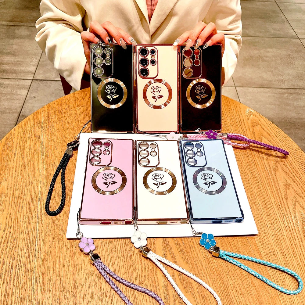 Plating Soft TPU Rose Case For Samsung Galaxy S25 S24 S23 S22 S21 Ultra Plus S25Ultra For Magsafe Charge Cover &Lanyard Bracelet