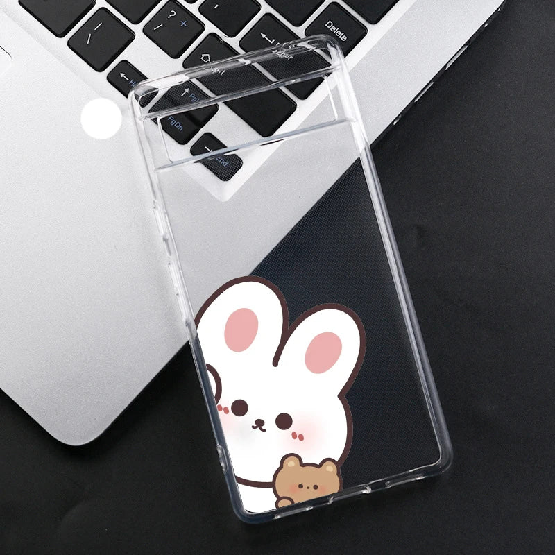 Cartoon Animal Bear Rabbit Couple Phone Case for Google Pixel 8Pro 8A 8 9 Pro XL 6A 7A 6 7 Pro 5G Cute Lover Clear Cover Fundas