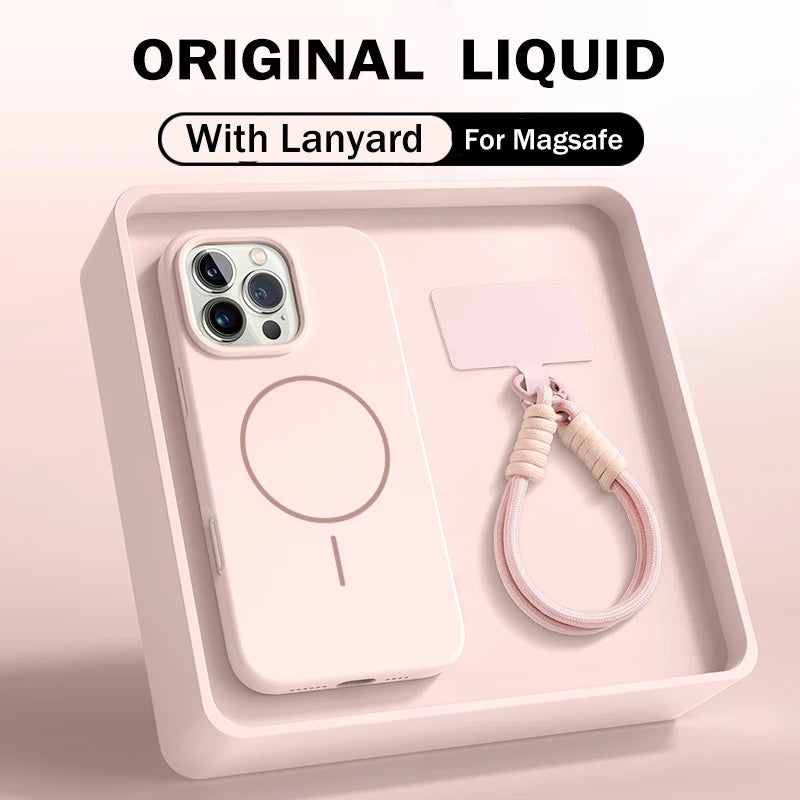 Official Liquid Silicone Lanyard Strap Rope Case For iPhone 16E 16 14 15 Plus 12 13 11 Pro Max For Magsafe Magneitc Soft Cover