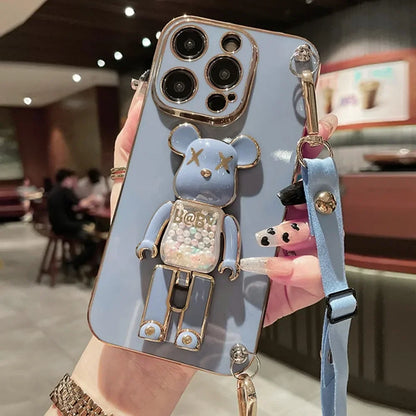 Plating Cover Quicksand Bear Stand Bracelet Strap Lanyard Phone Case For iPhone 15 14 13 12 11 Pro Max 7 8 Plus Phone Case