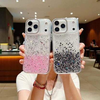Fashion INS Uniqe Shiny Sequins Glitter Diamond Lens Frame Case For IPhone 17 Pro Max Air 16 Plus 15 14 13 Shockproof Back Cover