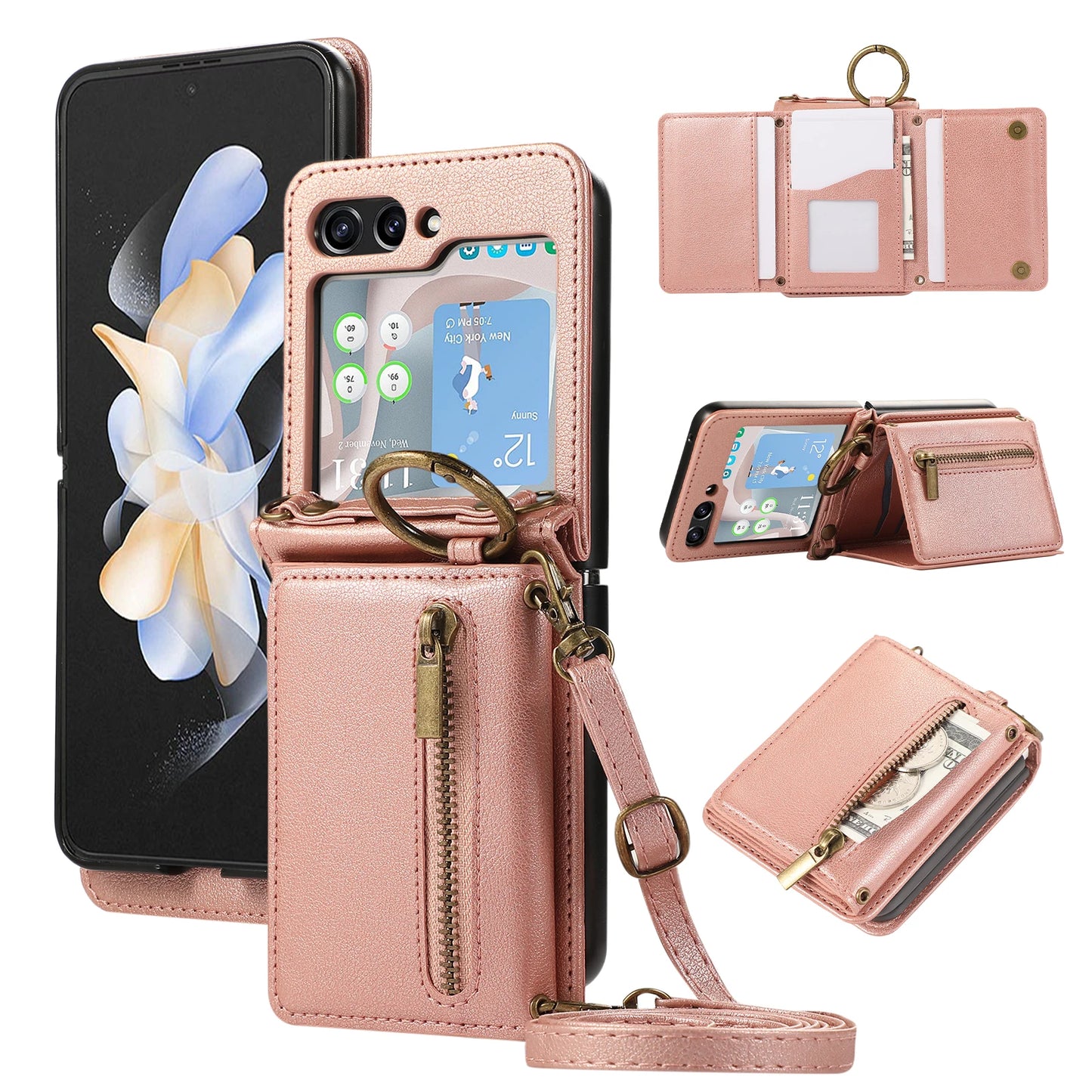 Crossbody Zipper Cards Solt Wallet Leather Case For Samsung Galaxy Z Flip 7 FE 6 5 4 Ring Holder Triple Fold Lanyard Stand Cover