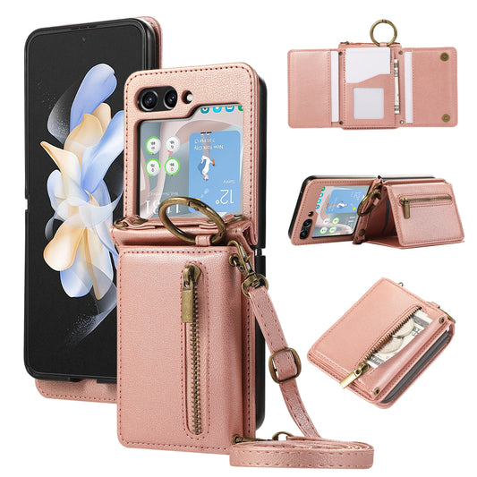 Crossbody Zipper Cards Solt Wallet Leather Case For Samsung Galaxy Z Flip 7 FE 6 5 4 Ring Holder Triple Fold Lanyard Stand Cover