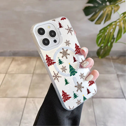 Christmas Pattern Magsafe Magnetic Case for iPhone 11 12 13 14 15 16 Pro Max Plus Soft Silver Plated Anti Fall Cover