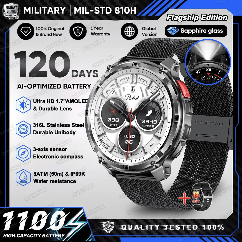 2026 New T-Rex 3 Ultra 1100mAh Military Smart Watch Men 5ATM Waterproof 1.7" AMOLED Screen Bluetooth Call Compass LED Flashlight
